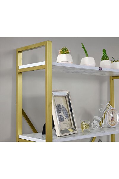 UmkaHome GOLD Metal Kitaplık 5 Raflı Beyaz Mermer Desenli Altın Kitaplık