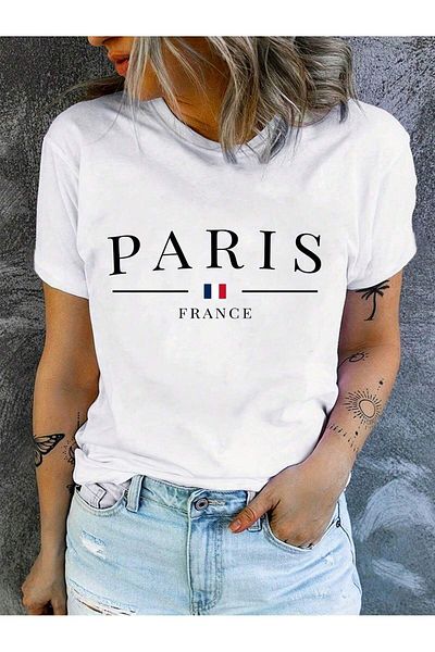 Let's Wear Μπλουζάκι Premium με στάμπα Paris με γιακά ποδηλάτου
