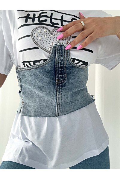 efstyle Corset din denim - Cu dantelă la spate și detaliu la piept