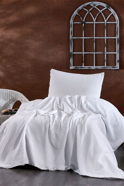 Minelya Home Collection Soft Single Muslin Pique Set - 2 Pieces Embroidered Bedspread and Pillowcase