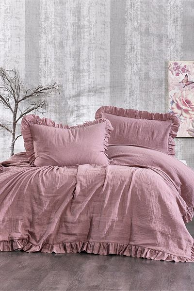 Minelya Home Collection Aura Double Muslin Pique Set - Frilly 3 Piece Bedspread and Pillowcase