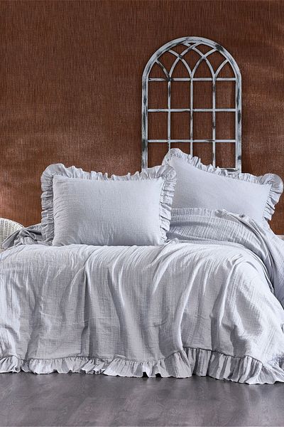 Minelya Home Collection طقم بيكيه موسلين مزدوج من Aura - مفرش سرير وغطاء وسادة مكون من 3 قطع مكشكش