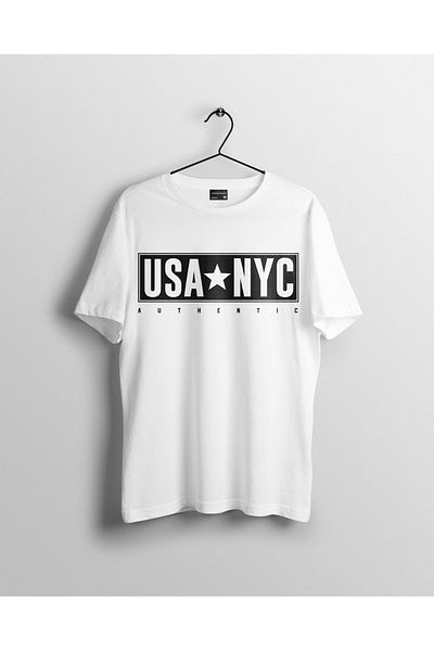 Let's Wear Μπλουζάκι Premium USA NYC με στάμπα με γιακά ποδηλάτου