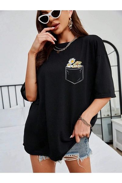 Let's Wear Μπλουζάκι με στάμπα με λεπτομέρεια τσέπης - Μαύρο κοντό μανίκι με λαιμόκοψη Oversize