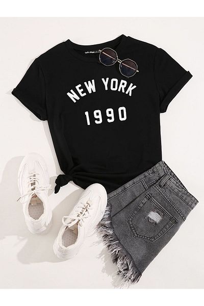 Let's Wear Μπλουζάκι με στάμπα New York από 100% βαμβάκι με ποδηλατικό γιακά