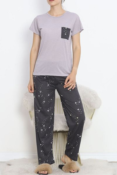 VELİZADE Gray Patterned Cotton Pajama Set - Comfortable, Elastic Waist and Pocket Detail