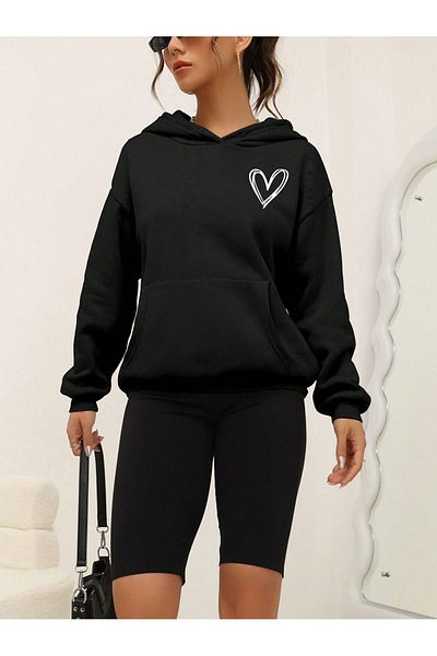 Let's Wear Черен дамски суитшърт с качулка и щампа на сърце