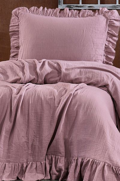 Minelya Home Collection Aura Single Muslin Pique Set - 2 Pieces Ruffle Bedspread and Pillowcase