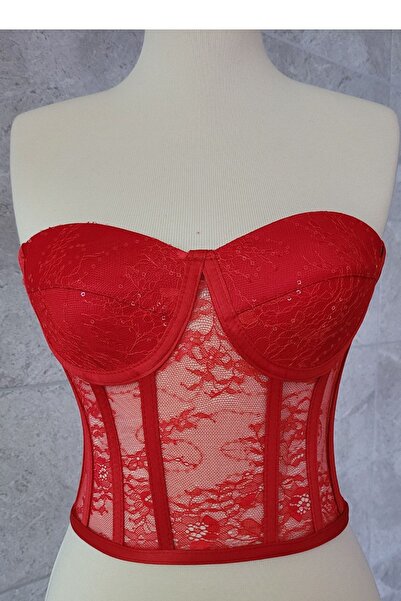 FİYPER Κόκκινο Lez Δαντελένιο Μπουστιέ με Κορδόνια και Δέσιμο