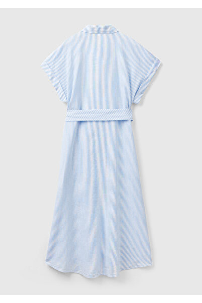 United Colors of Benetton Μπλε λινό μείγμα - Γυναικείο φόρεμα με δέσιμο στη μέση