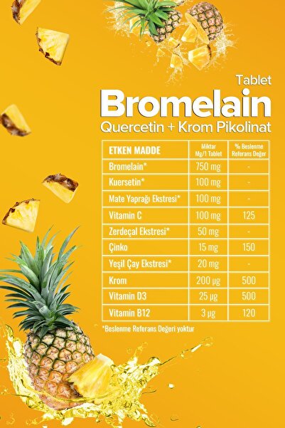 Zühre Ana Bromelain 60 Tablet - Bromelain, Quercetin, Krom Pikolinat ve C Vitamini 1250 Mg