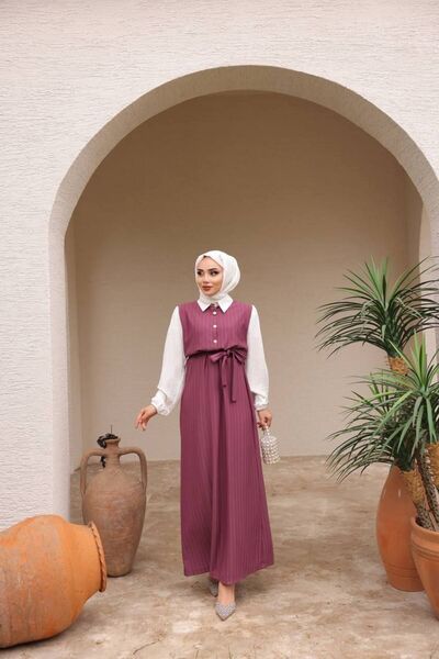 asyadabutik Belted Gold Buttoned Striped Hijab Dress