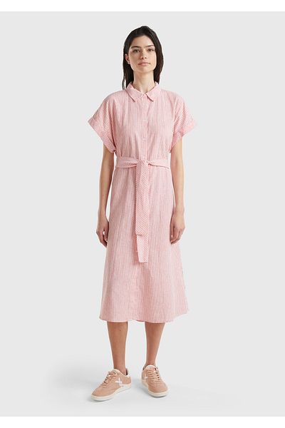 United Colors of Benetton Women's Red Linen Blended Waist Tied Front Buttoned Slit Dress