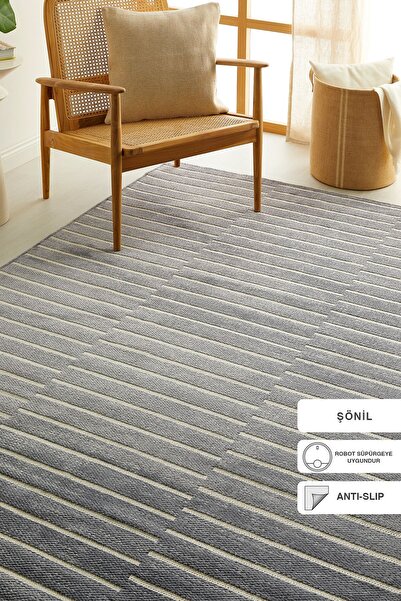 Ocean Home Textile Gri Renk Çizgi Desenli Şönil Halı Kilim