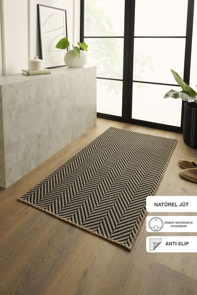 Ocean Home Textile Siyah Renk Balıksırtı Jüt Halı Kilim