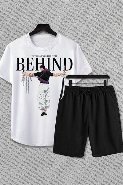 aynewmoda Behind Printed Oversized Shorts and T-Shirt Set - 100% Cotton