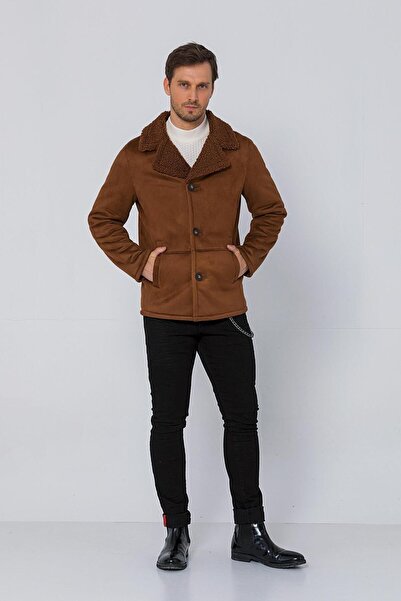 Cekmon Erkek Kahverengi Regular Fit Içi Kürklü Düğmeli Katlı Yaka Yandan Cepli Klasik Süet Mont