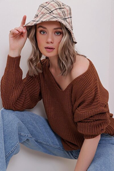 Trend Alaçatı Stili Beiger gestempelter Damen-Anglerhut - Nsw0022