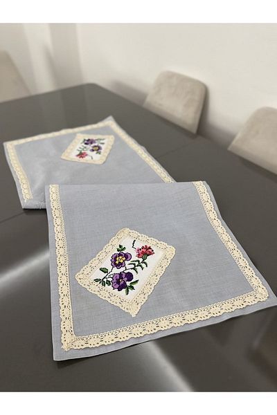 Parla Life Gray Linen Cross Stitch Embroidered Runner 40x120 cm