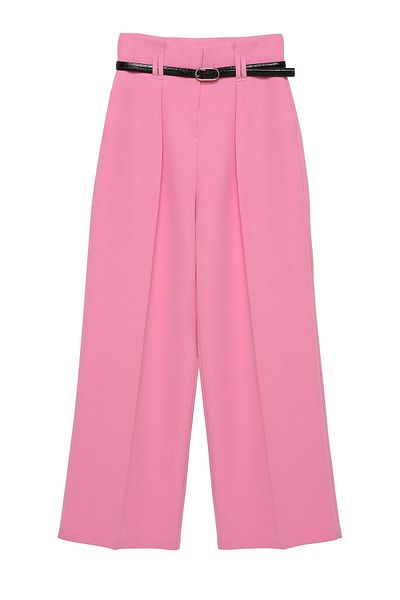 Quzu High Waist and Belt Detailed Wide Leg Trousers - Pink