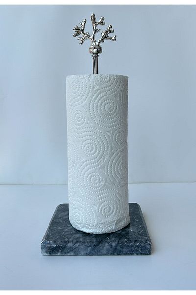 bemdesign Square Marble Decorative Roll Paper Towel Holder Bathroom - Kitchen Organizer - Smoked Marble - Silver