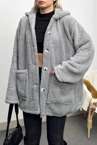 VAGGON Γκρι βελούδινο παλτό Oversize - Διπλή τσέπη, Κουμπί, Γυναικείο, Prm0589
