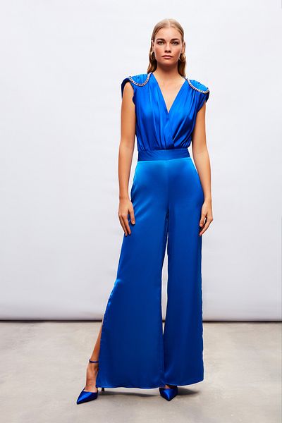 Sateen Slit Detailed Satin Trousers - Sax Blue