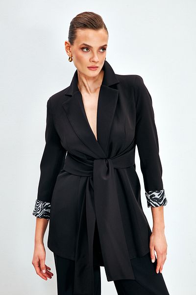 Sateen Jachetă lungă cu cravată în talie - NEGRĂ