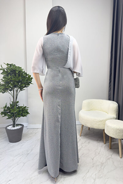 Elbise Delisi Plus Size Glitter and Stone Detailed Long Evening Dress - Burgundy, Gray, Saxe, Green