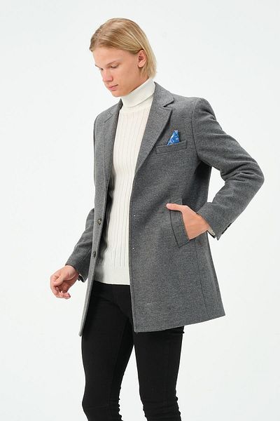 Cekmon Men's Anthracite Slim Fit Solid Color Lined Winter Wool Classic Stamp Coat