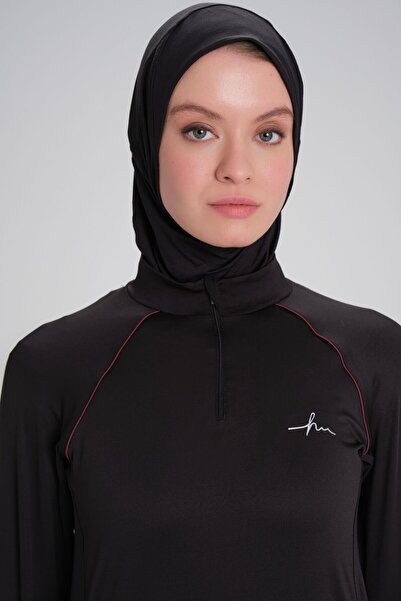 Haşema Μαύρο μπλουζάκι προπόνησης Hijab - H-Per, Piping, Μακρύ μανίκι, Γιακάς με φερμουάρ, ACT-18