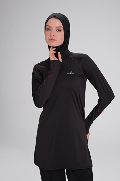 Haşema Μαύρο μπλουζάκι προπόνησης Hijab - H-Per, Piping, Μακρύ μανίκι, Γιακάς με φερμουάρ, ACT-18