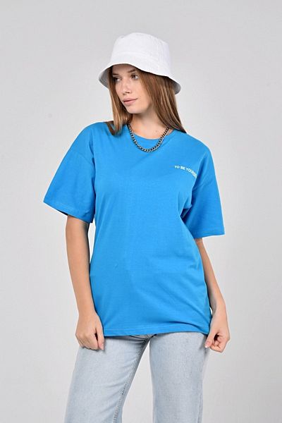 Mad&Calf Tricou oversize albastru cu imprimeu To Be Yourself pentru femei