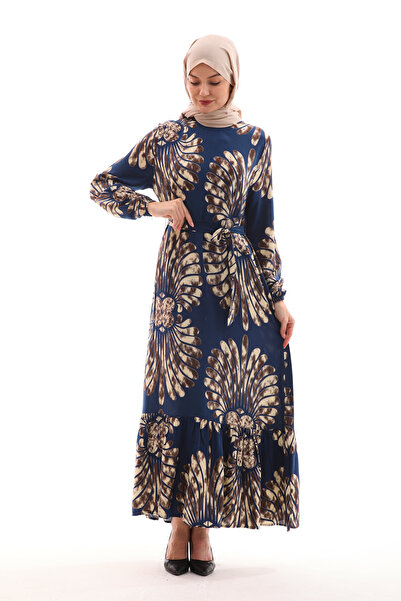 B.HE.Z Темно-синя сукня Tesettur Ruzgar Gulu Reaktiv з принтом судді Комір з довгим рукавом