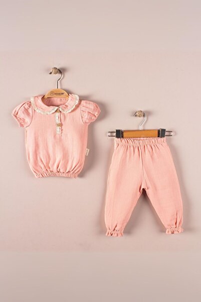 Lamonde 6-18 Months Baby Muslin Set - Scallop Collar, Short Sleeve, 100% Cotton