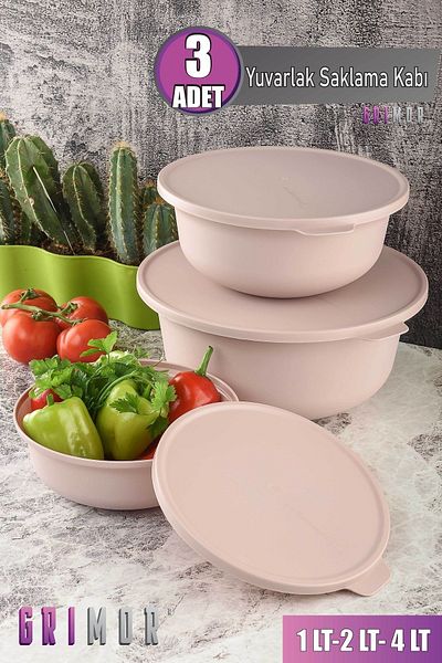 GRİMOR Life 3-Piece Bowl with Lid Food Storage Container - Whisk Bowl Pink (4LT 2LT 1LT) - Deep Freezer and Microwave