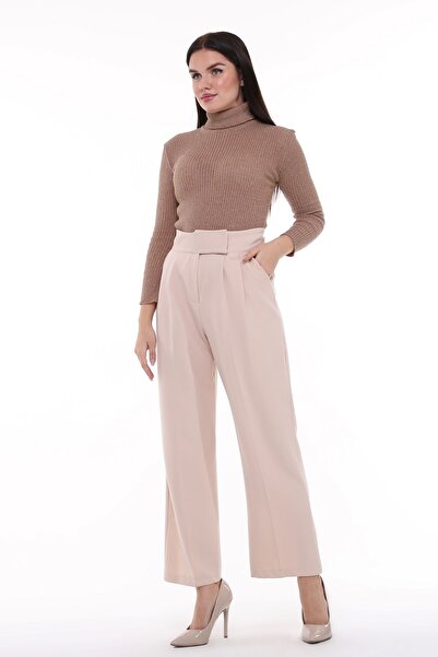 CEDY DENIM CEDY Women's Palazzo, High Waist Belt Velcro Trousers, Oversize Original Cut, C3002 BEIGE
