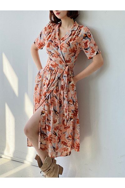 Retrobird Lady Viscose Fabric Double Breasted Midi Dress Women Orange