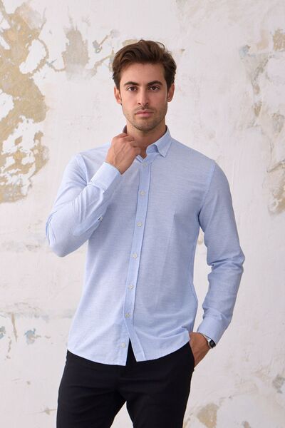 RAVANELLI Giza Men's Striped Slim Fit Shirt - Light Blue-White, Linen Look Cotton, Buttoned Collar