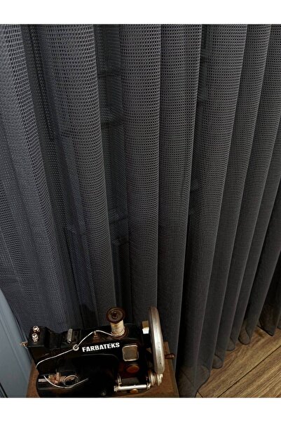 farbateks 3 Layer Pleated Gray Smoked Office Curtain - Tulle Filet Curtain