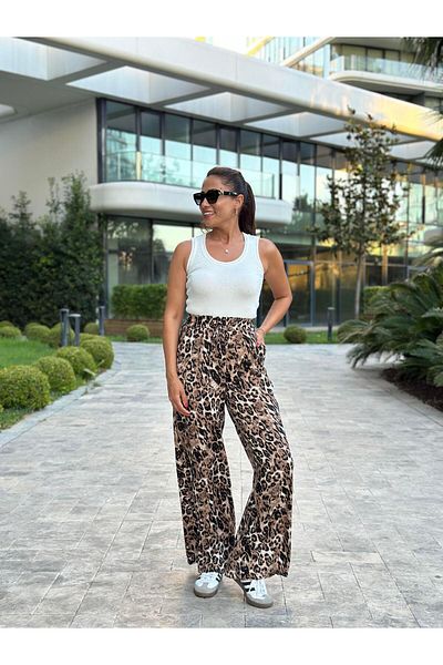 Forlady4 Black Leopard Patterned Women's Trousers with Elastic Waist and Pockets