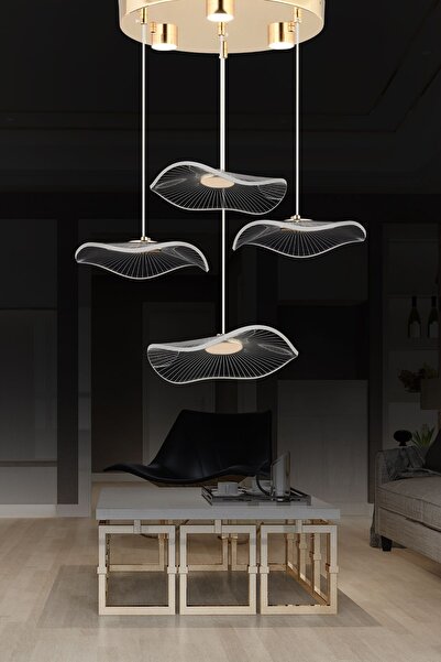 Apliqa Jolie 4'lü Yuvarlak 3 Renkli 39 Watt Gold Kristal Ledli Modern Oturma Odası Salon Sarkıt Avize