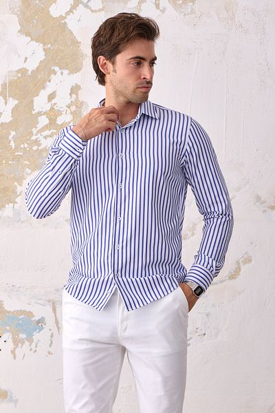 RAVANELLI Men's Blue-White Cotton Long Sleeve Shirt - Regular Fit, Easy Iron
