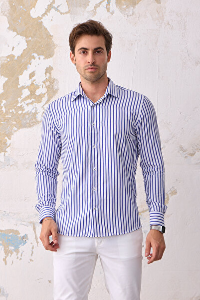 RAVANELLI Men's Blue-White Cotton Long Sleeve Shirt - Regular Fit, Easy Iron