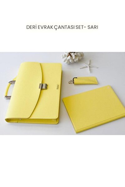 Tabac DERİ EVRAK ÇANTASI SET Gözlük Kılıfı - El Portföyü - SARI - 21002