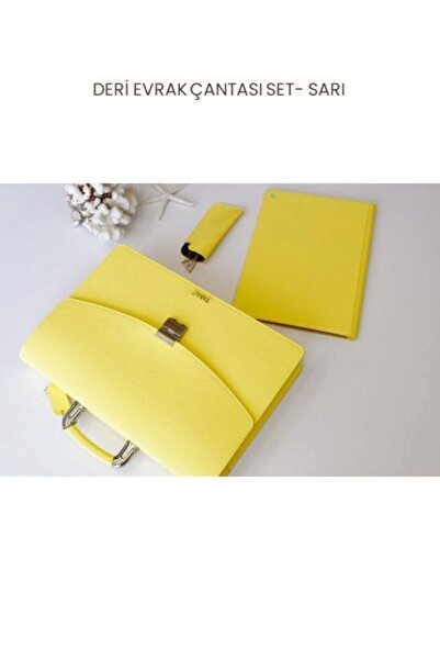 Tabac DERİ EVRAK ÇANTASI SET Gözlük Kılıfı - El Portföyü - SARI - 21002