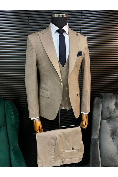 terzi ayhan Bej 3 Düğme Yelekli Slimfit Kemik Düğme Takım Elbise