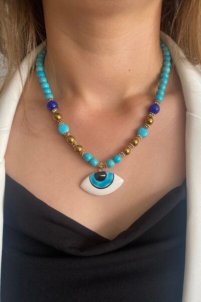 Suerte Accessories Turkuaz Mavi Akik Ve Hematit Doğal Taş Seramik Evil Eye Gö...