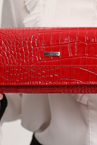 DERKON Crocodile Patterned Useful Genuine Leather Women's Wallet Red