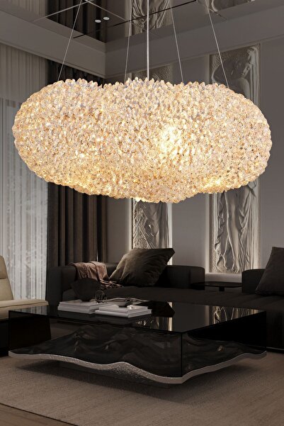 Apliqa Pansy 50 Lik Bulut Gold Kaplamalı Modern Tasarım Salon Kristal Sarkıt Avize